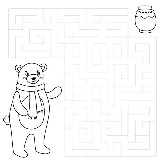 Juego de laberinto de líneas de animales para niños Osos marrones lindos en busca de un camino a la miel Hoja de trabajo imprimible con solución para la escuela y el preescolar