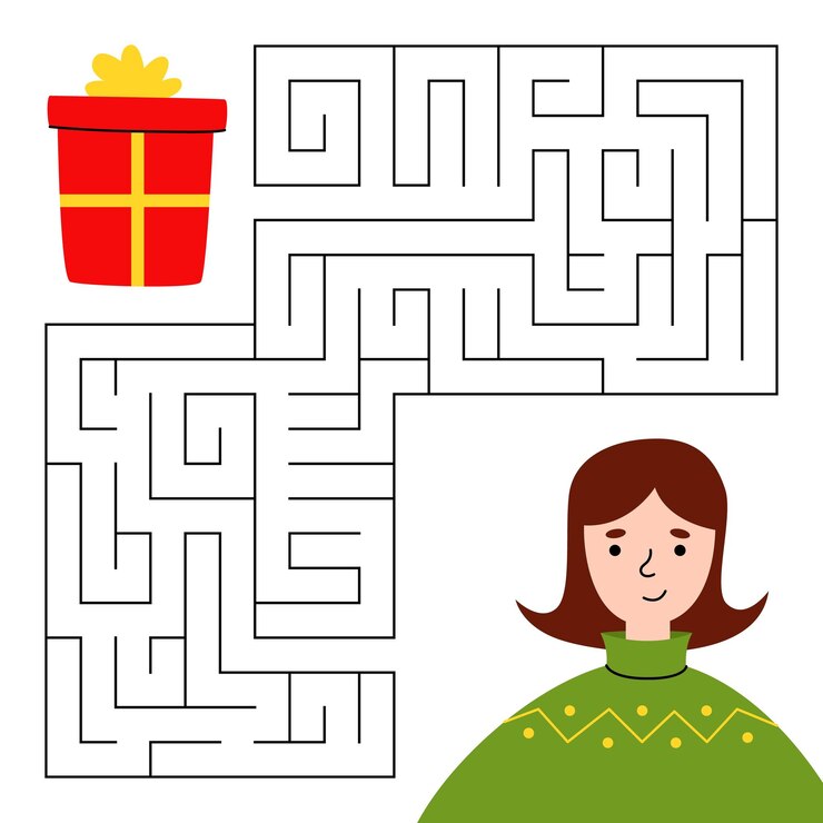 Vector juego de laberinto de navidad para niños chica linda buscando una manera de conseguir el regalo hoja de trabajo imprimible