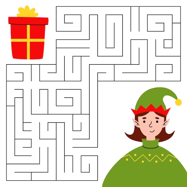 Juego de laberinto de Navidad para niños Elfo lindo buscando un camino hacia el regalo Hoja de trabajo imprimible