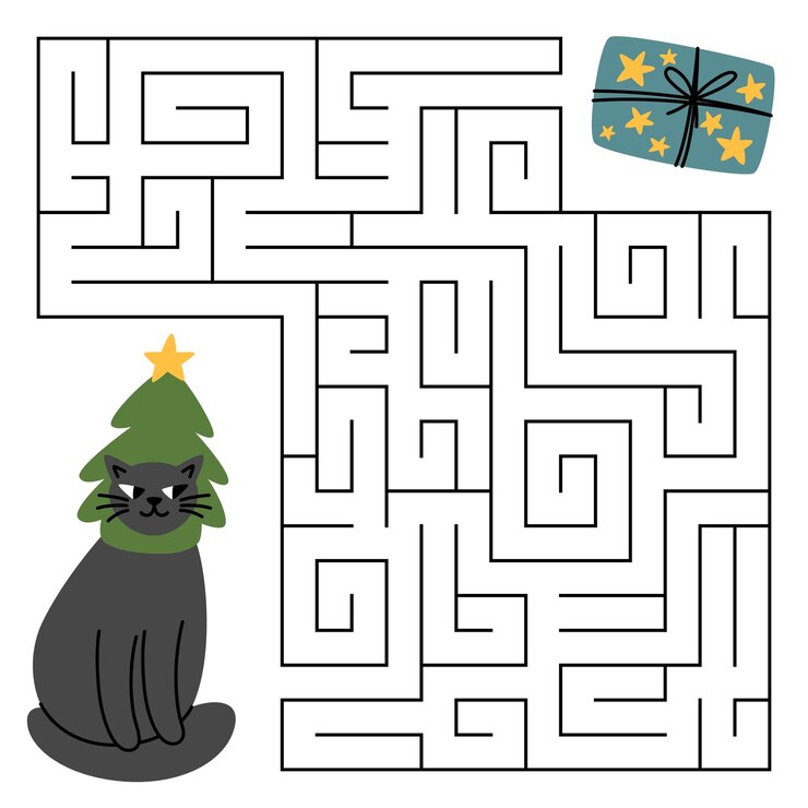 Vector juego de laberinto de navidad para niños gato lindo buscando un camino a la caja de regalos hoja de trabajo imprimible