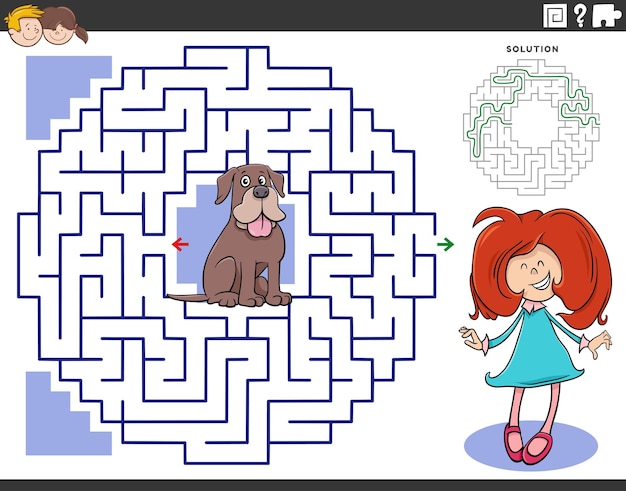 juego de laberinto con una niña de dibujos animados y su cachorro