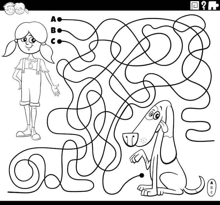 Vector juego de laberinto con niña de dibujos animados y su perro para colorear página