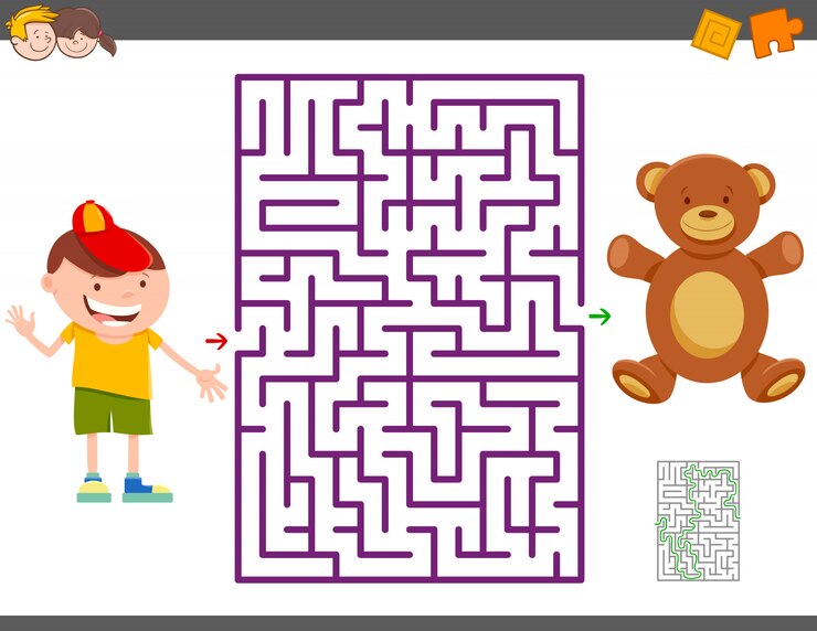 Vector juego de laberinto con niño de dibujos animados y oso de peluche
