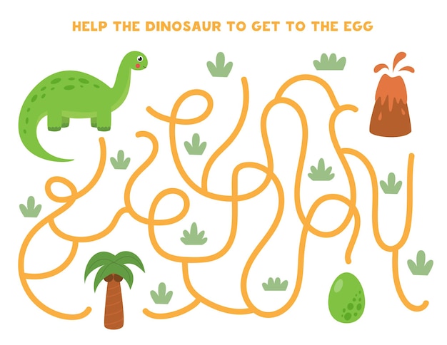 Juego de laberinto para niños. Ayuda al dinosaurio a llegar al huevo verde. Hoja de trabajo para niños.