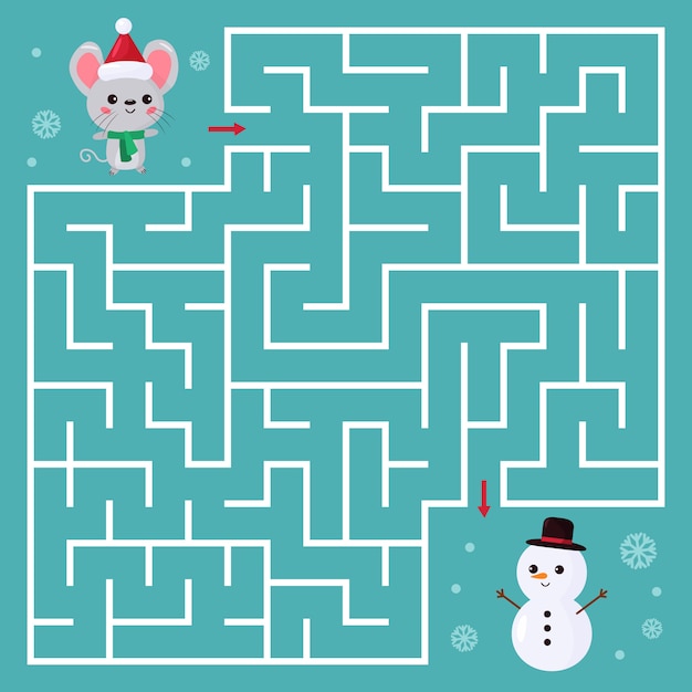 Juego de laberinto para niños. Ayuda al ratón kawaii a encontrar el camino correcto al muñeco de nieve.