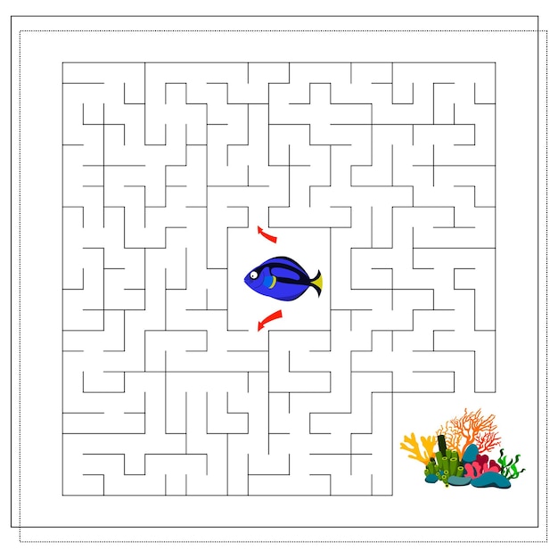 Un juego de laberinto para niños ayuda a los peces a nadar hacia el vector de pescador de peces de dibujos animados de coral