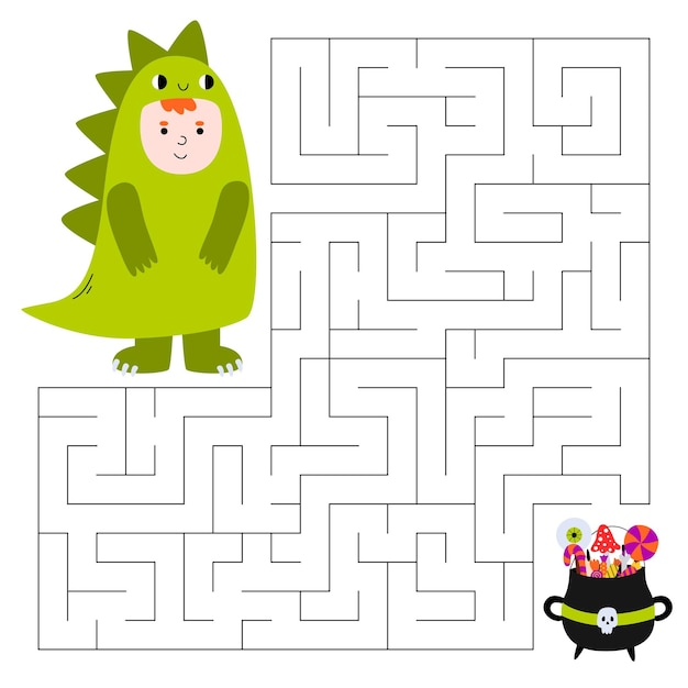 Juego de laberinto para niños Chico lindo disfrazado de dinosaurio buscando un camino hacia el caldero de brujas con dulces Juego educativo para niños