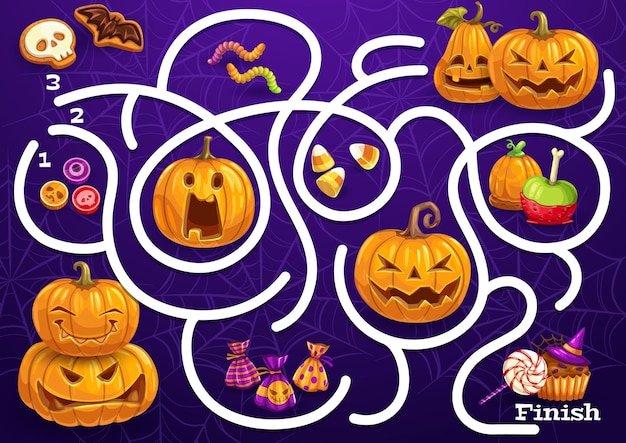 Vector juego de laberinto para niños con dulces de halloween y calabazas.