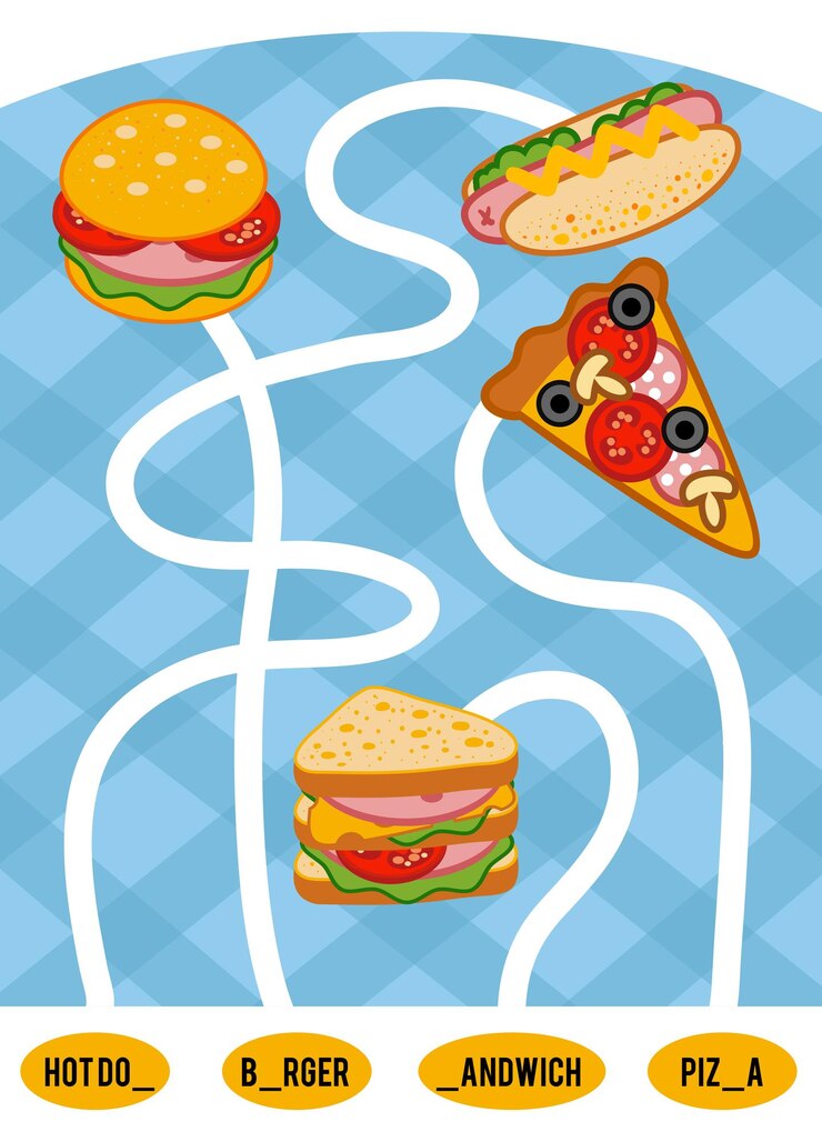 Vector juego de laberinto para niños encuentra el camino desde la comida hasta su título y llena las letras que faltan