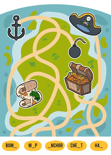 Juego de laberinto para niños. Encuentre el camino desde la imagen hasta su título y complete las letras que faltan. Conjunto de artículos piratas