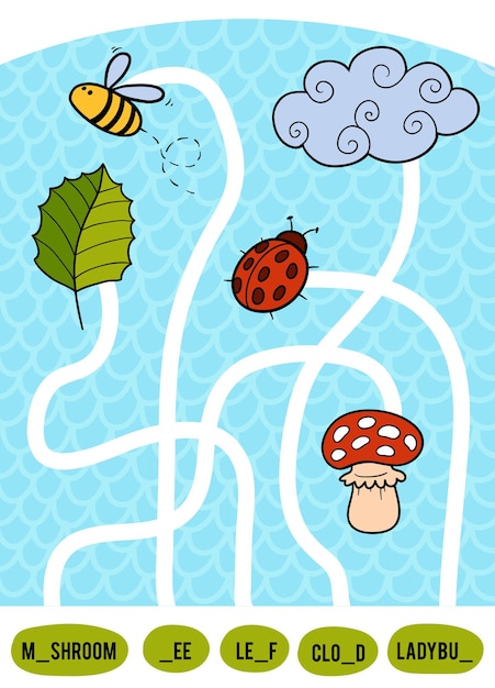 Juego de laberinto para niños. Encuentre el camino desde la imagen hasta su título y complete las letras que faltan. Conjunto de objetos naturales
