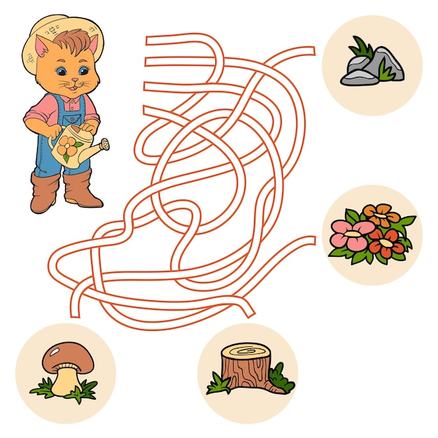 Juego de laberinto para niños gato jardinero y flores.