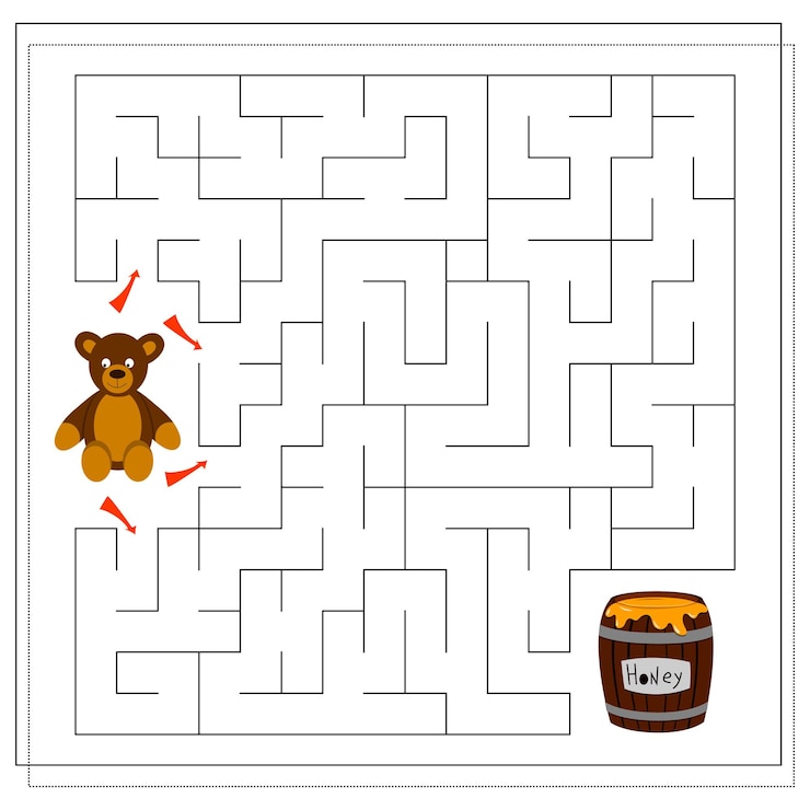 Vector un juego de laberinto para niños guía al oso a través del laberinto hasta el barril de miel