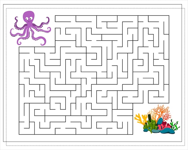 Un juego de laberinto para niños Guía al pulpo a través del laberinto hasta los corales Vector