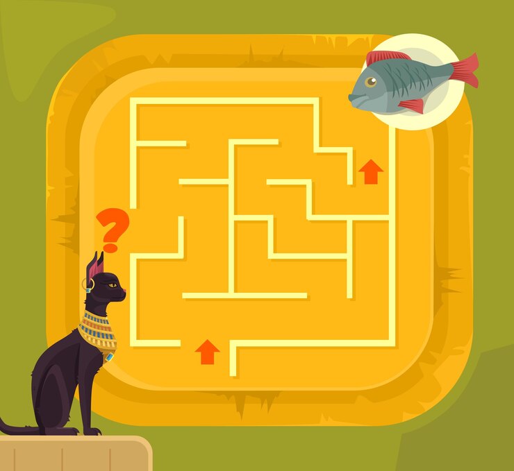 Vector juego de laberinto para niños con ilustración de dibujos animados de gato de egipto