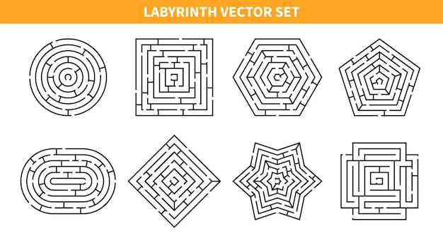 Vector juego de laberinto con ocho esquemas de laberintos aislados de varias formas