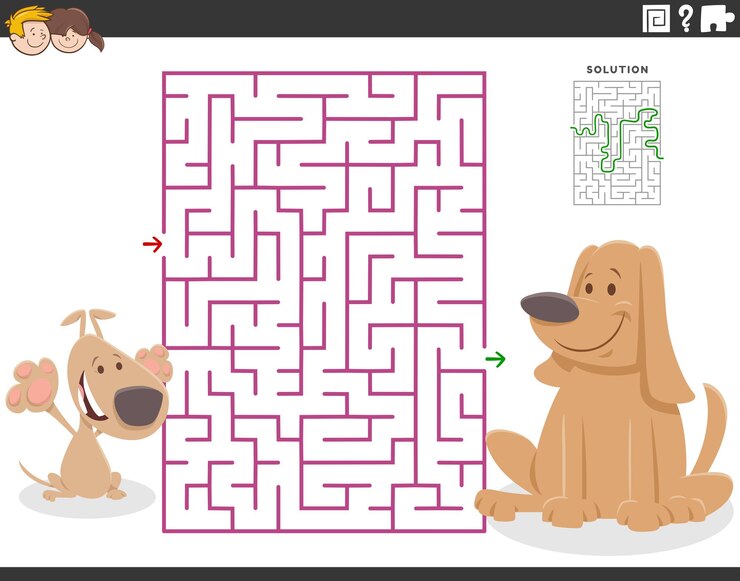 Vector juego de laberinto con perro madre de dibujos animados y cachorrito