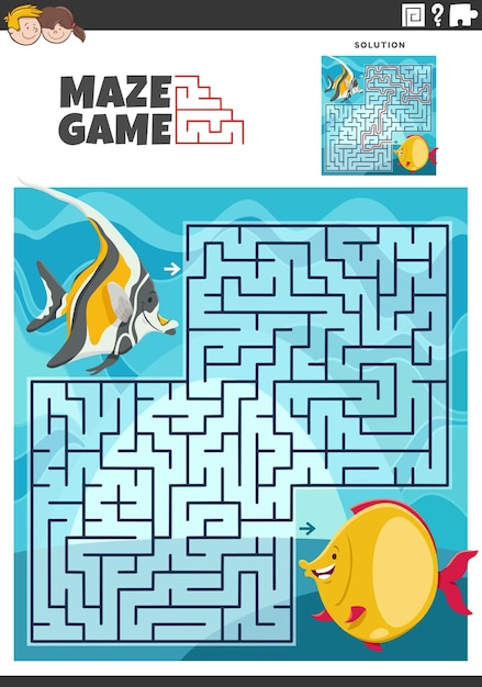 juego de laberinto con personajes de dibujos animados de peces animales marinos