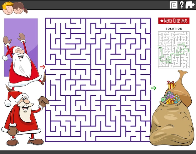 juego de laberinto con personajes de dibujos animados de Santa Claus y sacos de regalos de Navidad