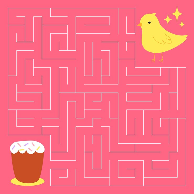 Vector juego de laberinto de primavera para niños lindo pollo buscando un camino hacia el pastel de pascua felices pascuas hoja de trabajo imprimible