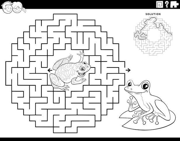 juego de laberinto con ranas de dibujos animados página de colorear