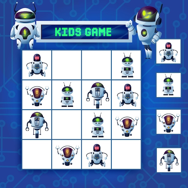 Juego de laberinto de sudoku para niños, acertijo vectorial de robots de dibujos animados con ai cyborgs, humanoides, drones y androides en tablero a cuadros. rompecabezas de lógica para niños para recreación de ocio, juego de mesa con cartas.