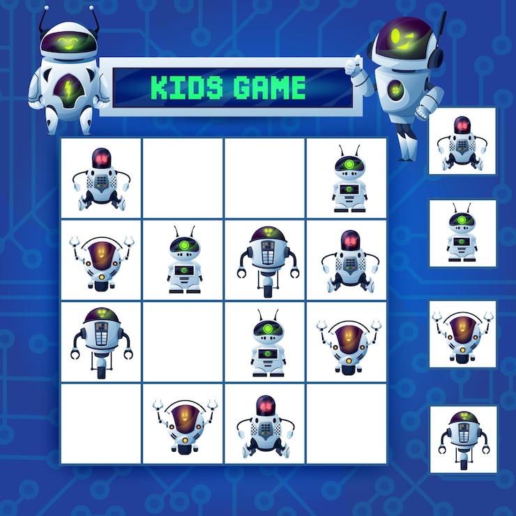 Vector juego de laberinto de sudoku para niños, acertijo vectorial de robots de dibujos animados con ai cyborgs, humanoides, drones y androides en tablero a cuadros. rompecabezas de lógica para niños para recreación de ocio, juego de mesa con cartas.