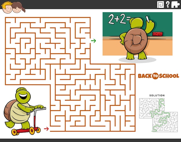 Juego de laberinto con tortuga de dibujos animados en scooter a la escuela