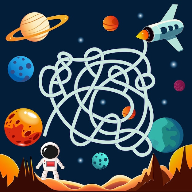 juego de laberinto vectorial con plantilla de tema espacial astronauta y cohete