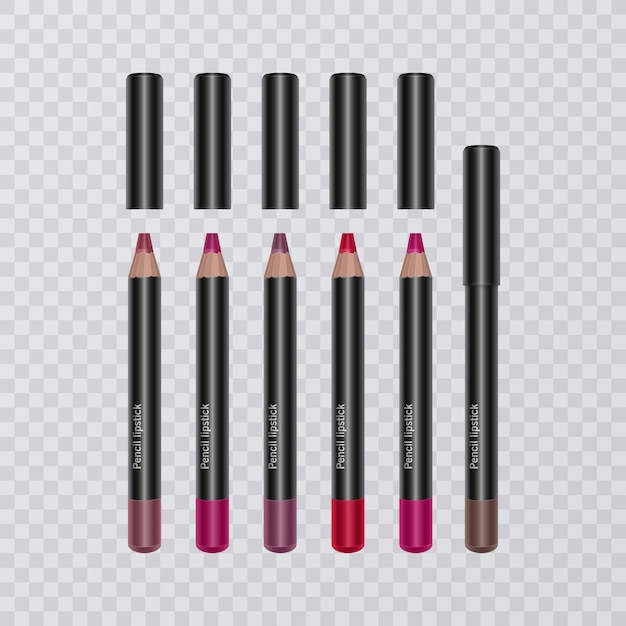 Juego de lápices de labios realistas, delineadores de labios de diferentes colores brillantes.