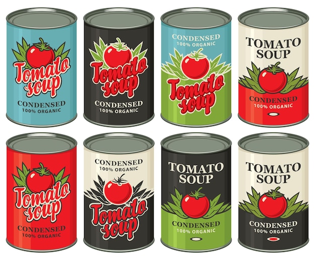 juego de latas con varias etiquetas para sopa de tomate