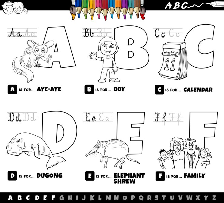 Vector juego de letras del alfabeto de dibujos animados educativos de la a a la página de color f