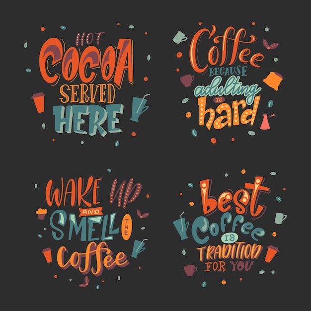 Juego de letras de café de cotización letras de café para pancartas de tarjetas de menú caligrafía dibujada a mano gráfico