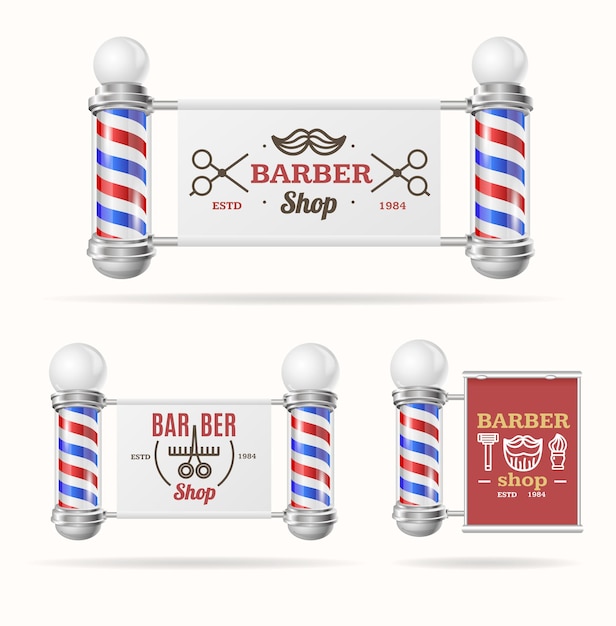 Juego de letreros de barbería con vector de poste