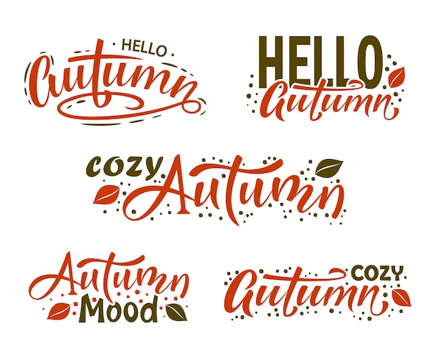 Juego de letreros de letras de otoño. Hola otoño y Fiesta de la Vendimia. Diseño de carteles de otoño. caída manuscrita