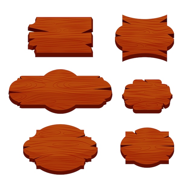 Juego de letreros de madera de 6 formas. Ilustración vectorial EPS10