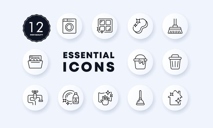 Juego de limpieza del hogar Detergente fregona lavavajillas papelera émbolo grifo guantes, etc. Concepto de limpieza general Estilo neomorfismo Icono de línea vectorial para Negocios y Publicidad
