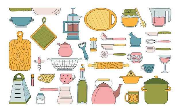 Vector juego de línea de utensilios de cocina de utensilios de cocina. herramientas para hornear platos de dibujos animados, equipos. colección de estilo plano de utensilios de cocina dibujados a mano.