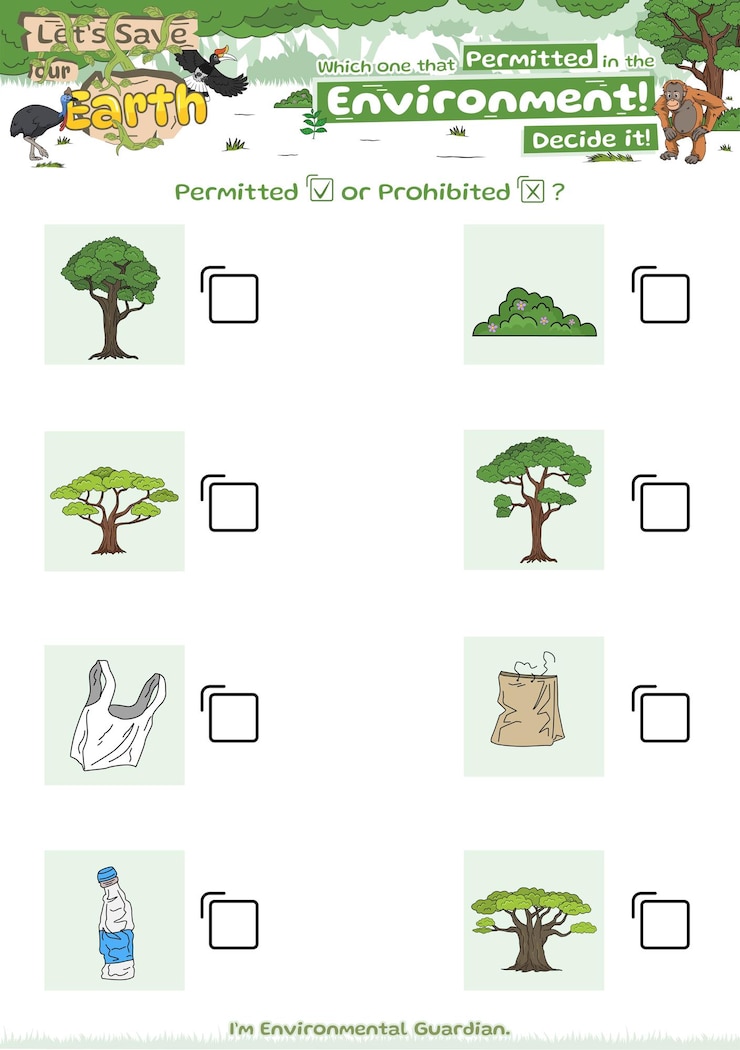 Vector juego de lista de comprobación bueno para el medio ambiente juego de lógica basura y planta o árbol o naturaleza para niños