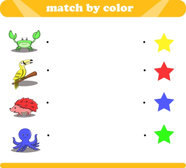 Juego de lógica de combinación de colores con lindos dibujos de animales cangrejo tucán erizo pulpo