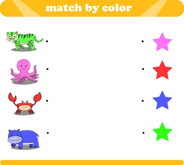 Juego de lógica de combinación de colores con lindos dibujos de animales tigre, pulpo, cangrejo, hipopótamo