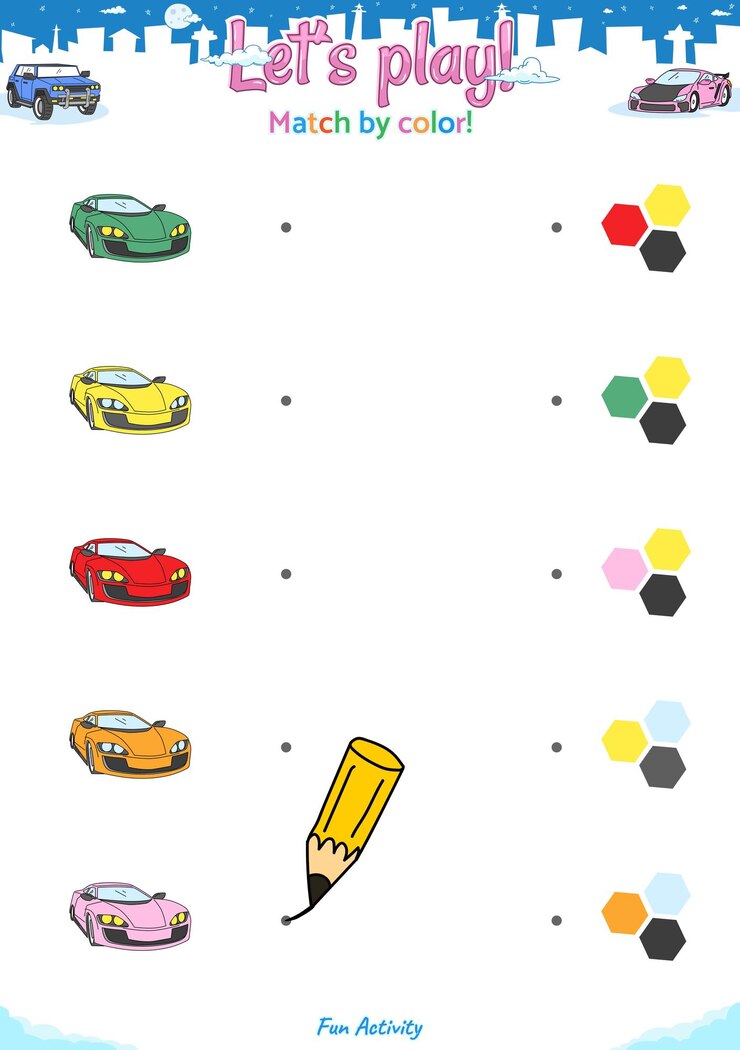 Vector juego de lógica divertido por color para actividades infantiles transporte coche 6