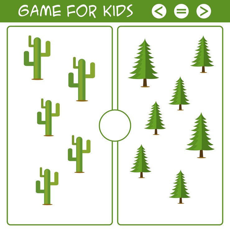 Vector juego de lógica educativa para niños en edad preescolar ilustración vectorial de árboles de dibujos animados