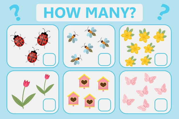 Juego de lógica educativa para niños. Tarea matemática. Cuántos. ilustración vectorial