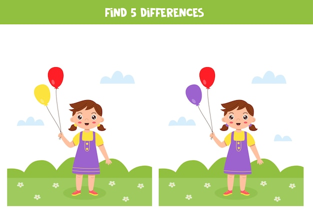 Juego de lógica educativo para niños. encuentra 5 diferencias. chica con globos.