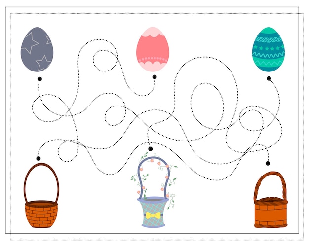 El juego de lógica infantil pasa por los puntos y atraviesa el laberinto huevos de pascua y cestas vector