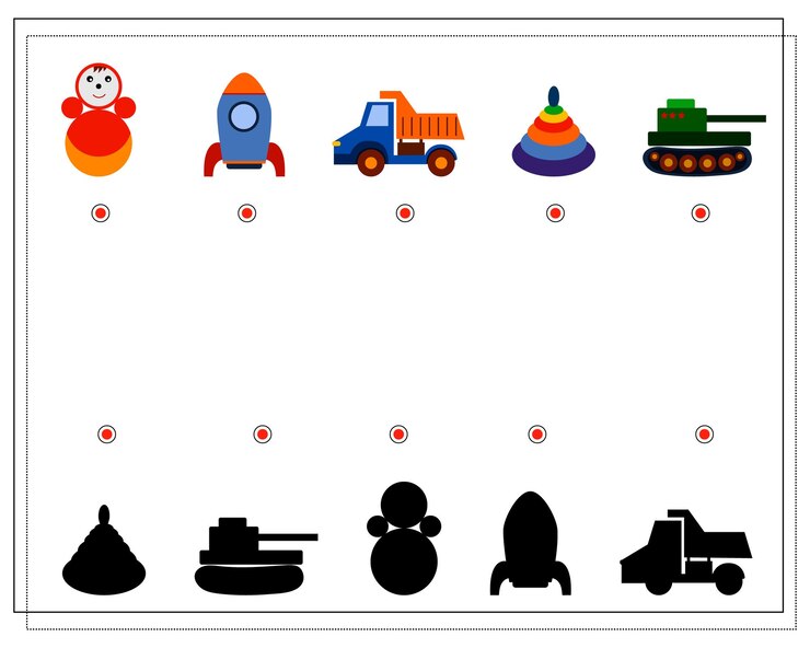 Vector juego de lógica para niños encontrar la sombra correcta juguetes para niños tanque pirámide cohete coche vector