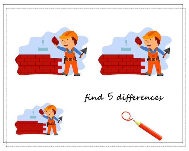 Un juego de lógica para niños encuentra las diferencias que un constructor construye un vector de pared aislado en un fondo blanco
