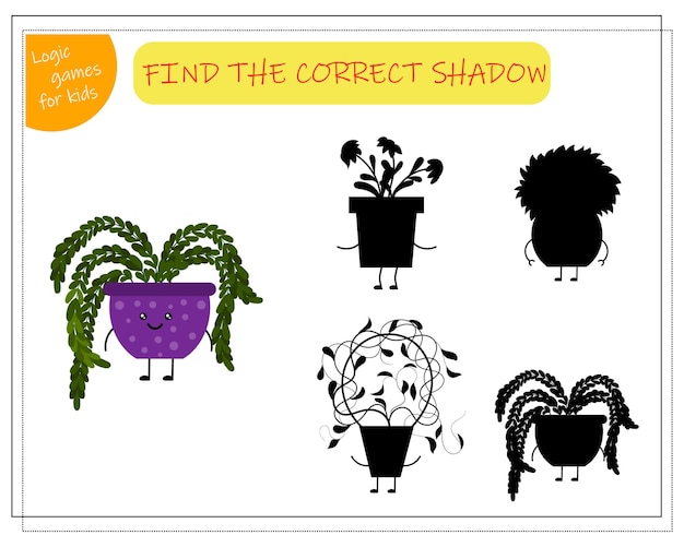 Vector el juego de lógica para niños encuentra la flor de dibujos animados lindo de la sombra correcta en una olla kawaii