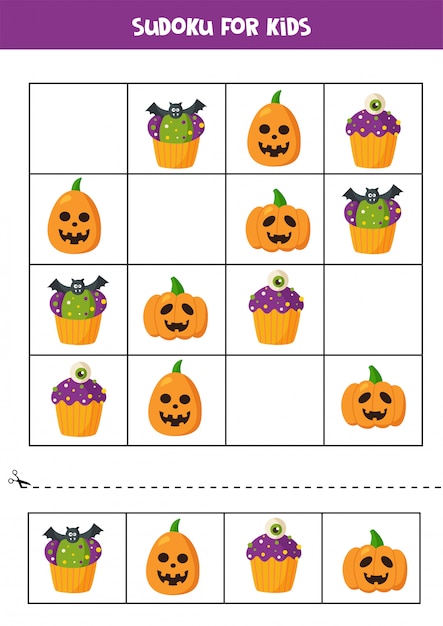 Juego de lógica Sudoku con cupcakes y calabazas de Halloween.